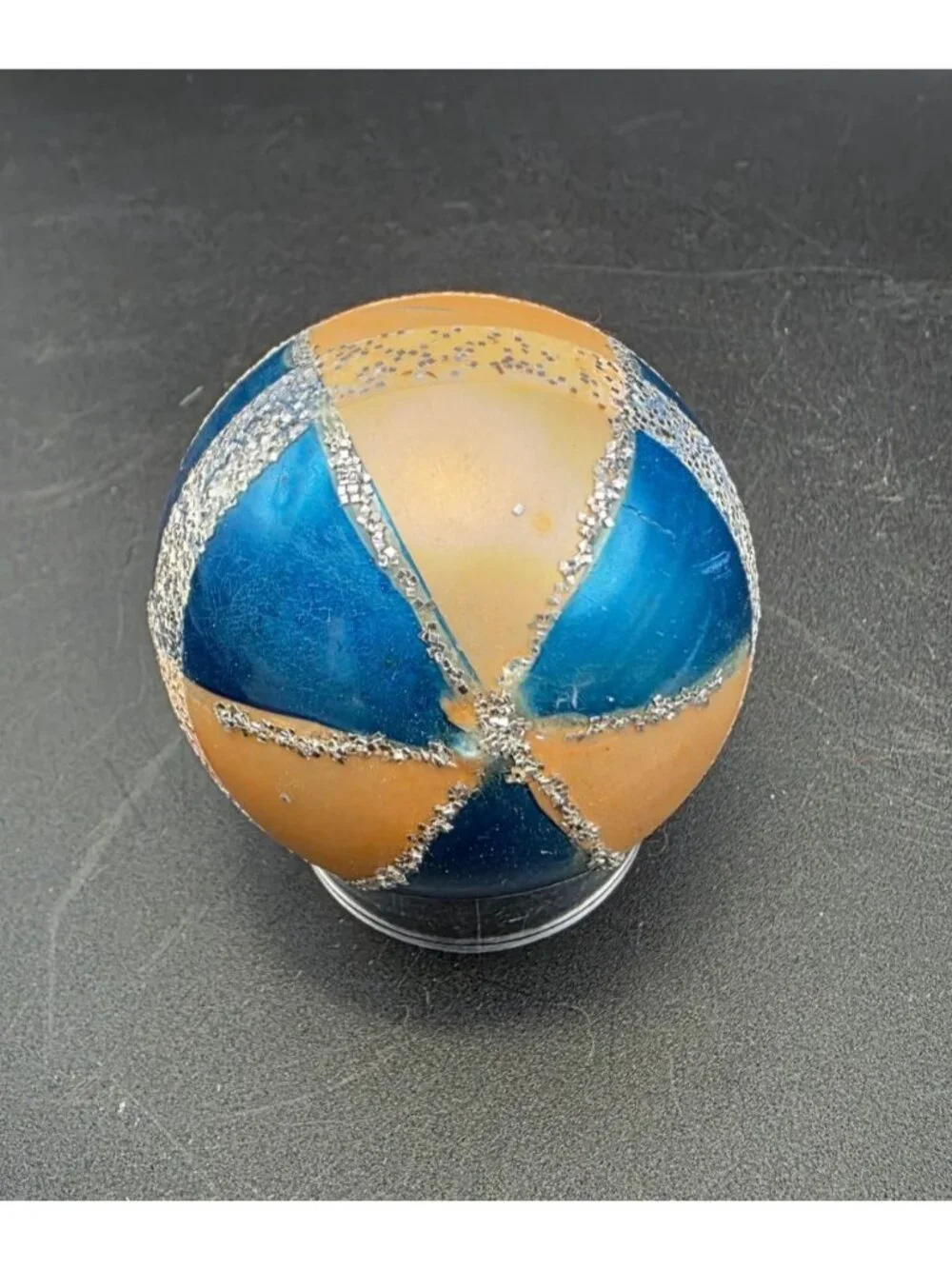 Vintage MCM Blue Gold & Mica Striped Mercury Glass Christmas Ornament
